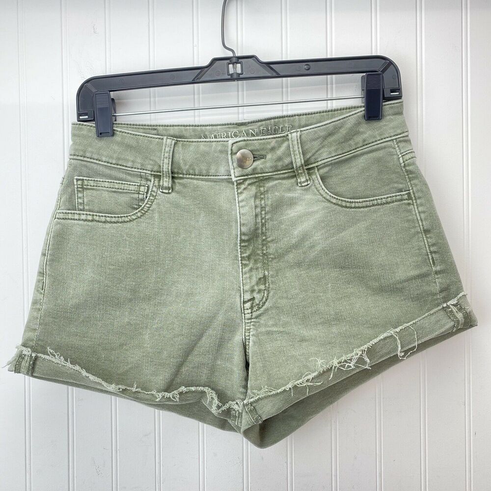 American Eagle Shorts 8 Hi-Rise Shortie Super Super Stretch Green Denim Fray